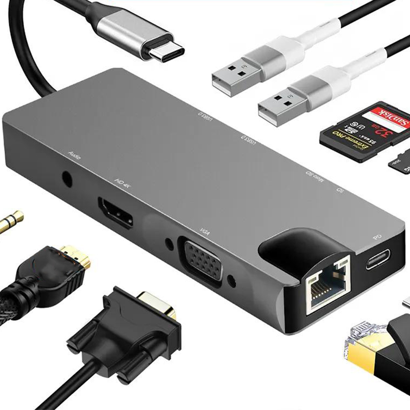 9 in1 Type C USB-C  USB Hub Multiport Dock Station with USB3.0 TF SD Type-C RJ45 VGA HDMI Audio