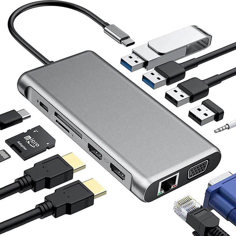 12 in1 Type C USB-C  USB Hub Multiport Dock Station with USB3.0 USB2.0 TF SD Type-C RJ45 VGA HDMI Audio