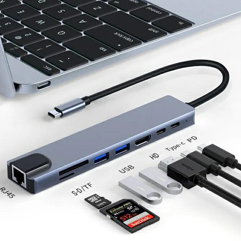 8 in1 Type C USB-C  USB Hub Multiport Dock Station with PD100W Type C HDMI SD TF RJ45 USB3.0