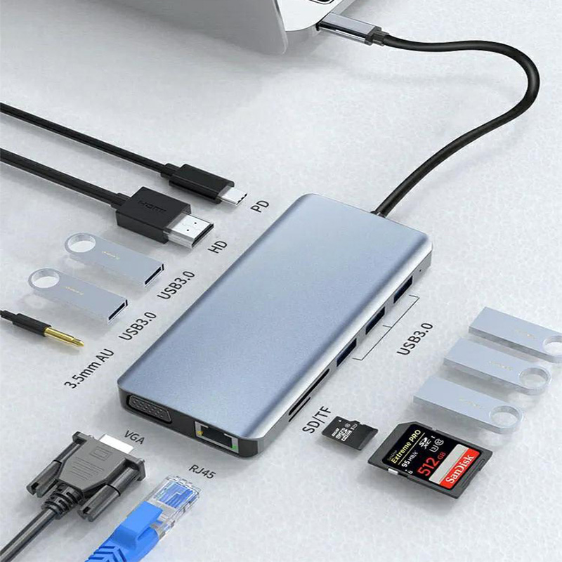 12 in1 Type C USB-C  USB Hub Multiport Dock Station with PD100W HDMI SD TF RJ45 USB3.0 VGA 3.5mm Audio
