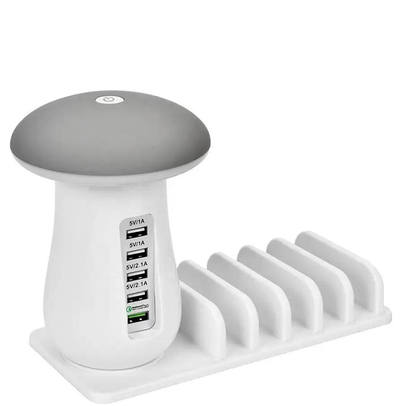 5 Ports USB fast Charger  Charging Station with Mushroom Desk Lamp and phone stand 